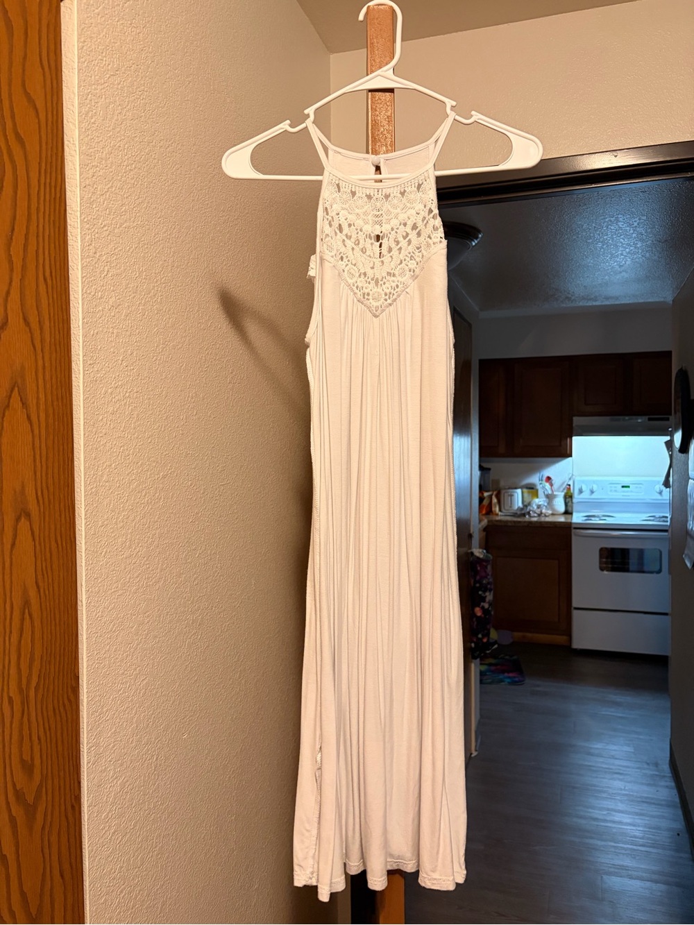 Women’s White Sleeveless Maxi Dress with Crochet Yoke